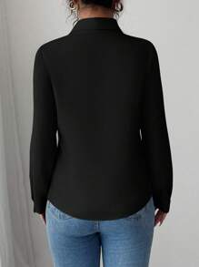 Elenzga Women's Solid Color Long Sleeve Single-Breasted Casual/Work Shirt Fall Cloth For Women - Black - View 2