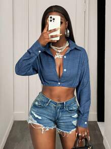 BamGleam 休闲时尚百搭牛仔效果性感长袖短款衬衫