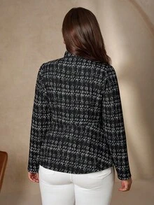 SHEIN Clasi 大码休闲通勤简约日常百搭时尚长袖西装外套女式西装外套女式西装外套短款西装外套女士西装外套粗花呢夹克女式秋装大码冬装女式商务休闲女式办公室服装女式工作服 - 黑與白 - 查看 3