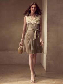 MOTF PREMIUM CONTRAST EMBROIDERY AND SEQUIN DETAIL LAPEL COLLAR BELTED PLEATED HEM SLEEVELESS SHORT DRESS - Khaki - View 6