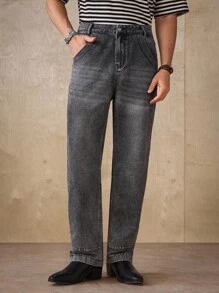 Manfinity Homme 男士灰色休闲宽松直筒牛仔裤，带口袋，四季皆宜 - 灰色 - 查看 4