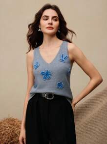 Anewsta 时尚V领无袖钩针3D花卉装饰女式背心 - 灰色 - 查看 1