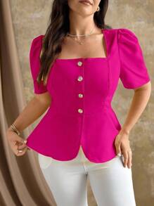 Roveilla Blus Wanita Ukuran Besar Elegan Warna Merah Muda Muda dengan Kerah Persegi dan Kancing Lengan Pendek untuk Pesta Musim Panas - Hot Pink - View 4