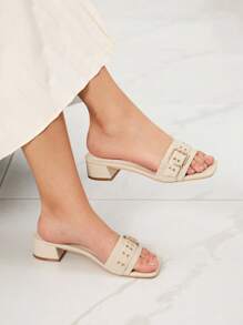 Rosivie Giày sandal gót vuông dày cho nữ có khóa trang trí - Màu be - Xem 4