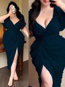 Vibekara 复古法式泡泡袖波尔卡圆点纹理女式派对连衣裙 - 藏蓝色 - 查看 1