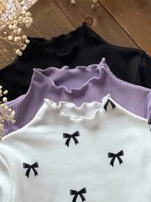 Emery Rose Kids Emery Rose Kids 3件套少女纯色蝴蝶结装饰波浪下摆立领T恤套装 - 彩色 - 查看 3