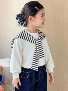 SHEIN Genkimix Kids Young Girls Cute Striped Shawl Paired With Apricot Crew Neck Long Sleeve Comfortable Sweatshirt, Autumn/Winter - Apricot - View 4