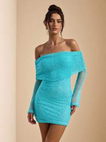 SHEIN BAE Chân váy mini hở một bên vai màu xanh bạc hà, chân váy lưới nhẹ móc cho kỳ nghỉ hè trên bãi biển, váy đi biển thanh lịch - Màu xanh Bạc hà - Xem 3