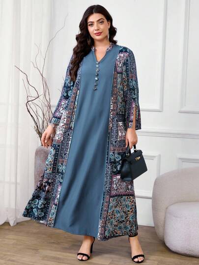 Al Najma 大码女式腰果印花V领开袖宽松阿拉伯风连衣裙