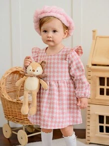 SHEIN A Pink, Sweet, Fashionable And Cute Long-Sleeved Zipped Round-Neck Plaid Dress For Baby Girls And A Pink Arctic Wool Hat As Accessories Are Essential For Daily Wear - Pink - View 1