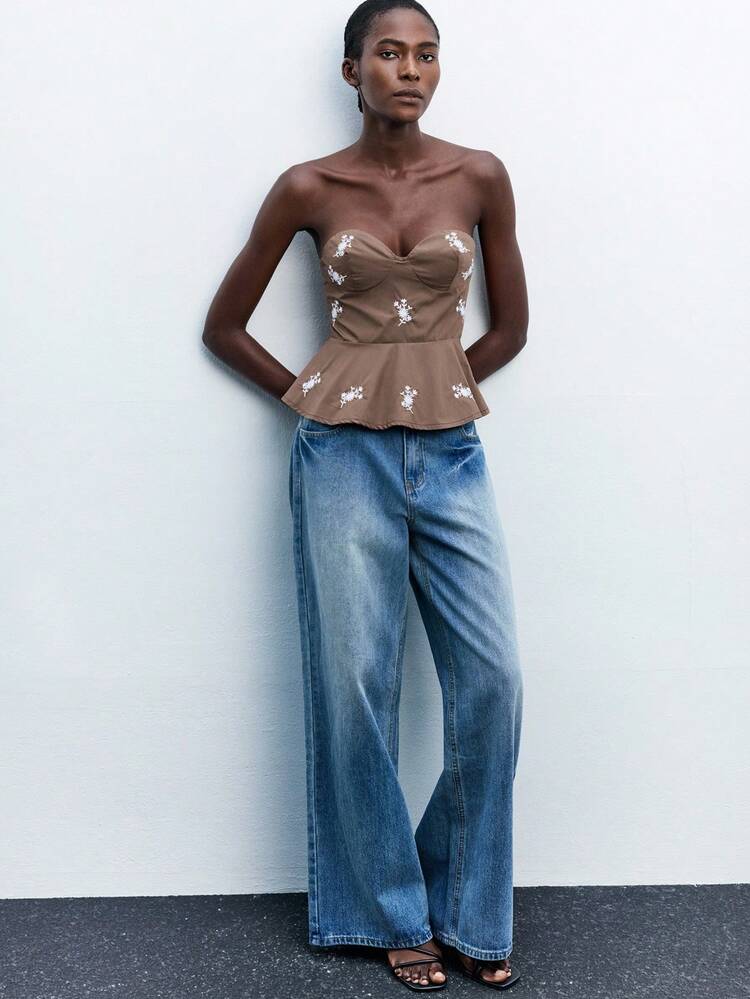 SHEIN Maija Women's Ruched Floral Embroidered Hem Bustier Top, Elegant For Urban Commute, Business, Casual, Christmas, New Year Party, Holiday, Beach, Music Festival