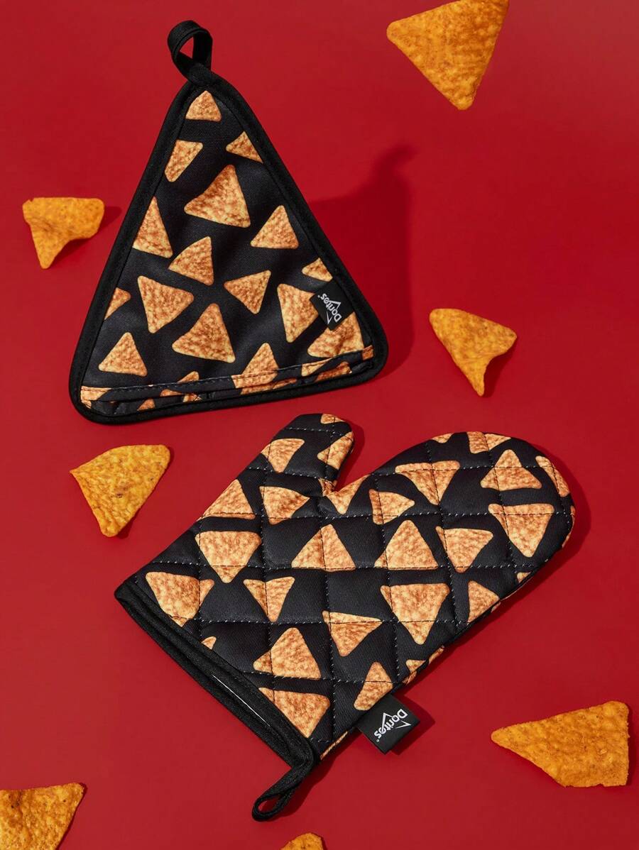 Doritos X SHEIN 马尔代夫 & Trilu 芯片印花耐热厨房烘焙配件，可选手套或隔热垫，烤箱适用，厚垫隔热 - 彩色 - 查看 1
