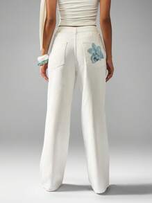 MISSGUIDED High Rise Printed Wide Leg Jeans Floral Watercolor Design Baggy Denim Spring Summer Festival Casual Street Style Statement Pants