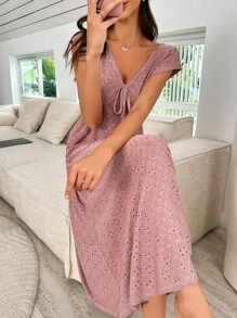 女式针织提花休闲 V 领盖袖宽松三叶草图案连衣裙、家居服 - 紅色 - 查看 5