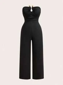 Sweetra 女式加大码无袖纯色休闲修身简约连体裤 - 黑色 - 查看 1