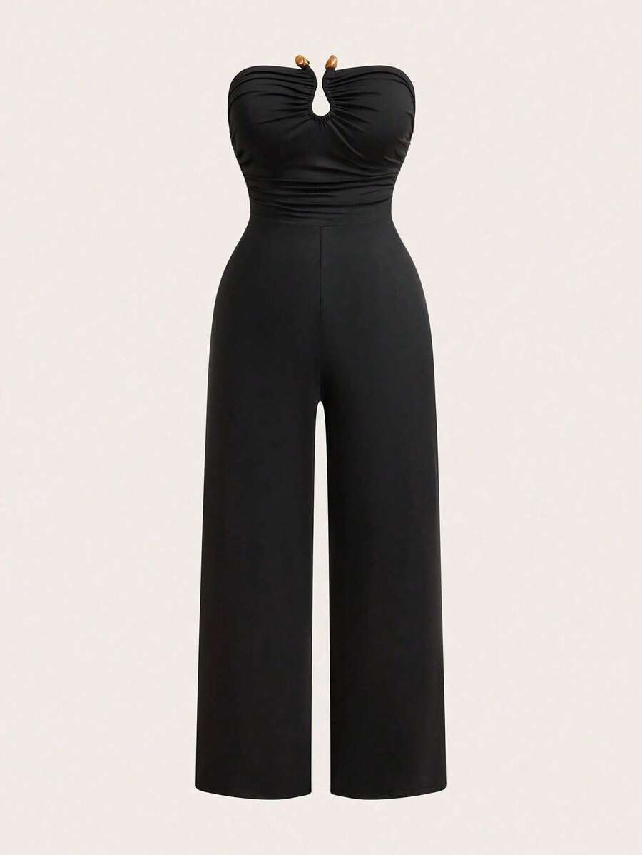 Sweetra 女式加大码无袖纯色休闲修身简约连体裤 - 黑色 - 查看 1