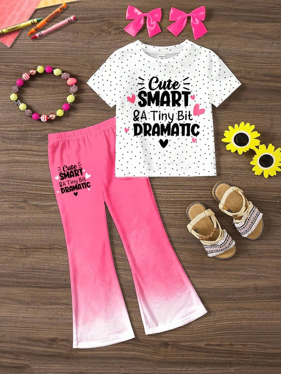 2pcs/Set Young Girl Casual Cartoon Pattern Round Neck Short Sleeve Top And Flare Pants Outfit, Suitable For Summer - Multicolor - View 1