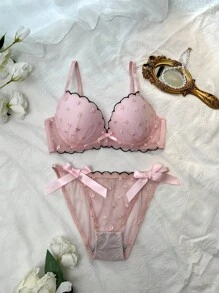 FairyFlirt 2 件粉色花卉刺绣文胸套装，带钢圈、衬垫、蕾丝蝴蝶结，浪漫乡村风格女士内衣套装 - 粉色 - 查看 2