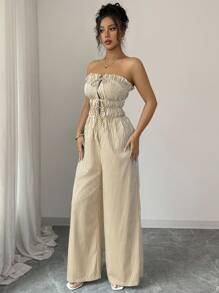 Elenzga 女式夏季休闲条纹抹胸连体裤 - 随机花卉图案 - 卡其色 - 查看 4