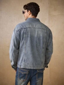 Manfinity Homme Light Blue Denim Jacket, Loose Fit, American Casual Style - Light Wash - View 3