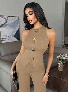 Conjunto elegante de negocios casuales para mujer, camiseta sin mangas ajustada y sexy con decoración de botones de metal y pantalones, conjunto de 2 piezas en color negro - Caqui - Ver 3