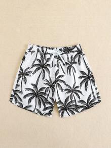 SHEIN Pantalones cortos de playa con cordón y estampado de palmeras, estilo de vacaciones para niño pequeño, a juego con mamá (se venden por separado 4 piezas) - Multicolor - Ver 6
