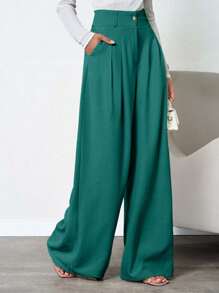 SHEIN Tall 100%纯棉高腰女士米色深褶亚麻长裤 - 綠色 - 查看 1