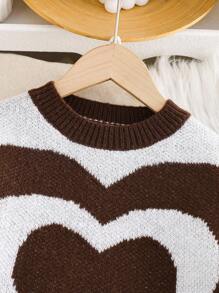SHEIN Tween Girl Street Dropped Shoulder Heart Jacquard Casual Sweater, Summer - Brown - View 5