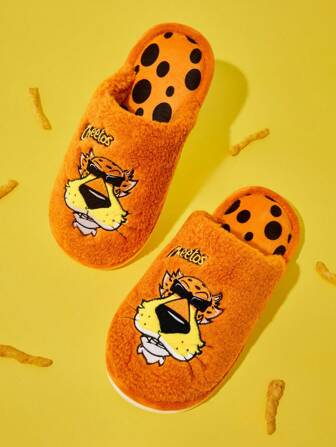 Cheetos X SHEIN Cute Cartoon Embroidered Orange Women Non-Slip Indoor Slippers Girls Soft Plush Warm Winter House Shoes Blossom & Bubbles & Buttercup, Durable Sole, Home Bedroom Air-Conditioned Room Spring, Autumn And Winter For Christmas
