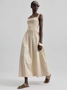 Ontre 2025新款度假风休闲条纹连衣裙，宽松版型，飘逸裙摆，可调节肩带，米色，商务休闲 - 杏色 - 查看 1