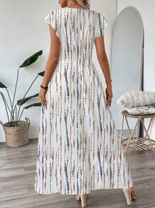 SHEIN LUNE V领荷叶边条纹扎染荷叶袖荷叶边下摆A字连衣裙，女士休闲度假连衣裙，适合外出穿着 - 彩色 - 查看 3
