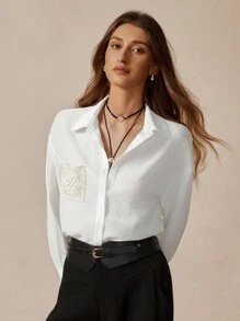 Florisole 波西米亚风刺绣口袋开襟休闲百搭女式衬衫，白色纽扣衬衫，适合工作场合，秋季全白休闲春秋季女式衬衫 - 白色 - 查看 5