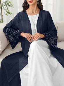 SHEIN Najma Spring/Summer Lightweight Open Front Abaya Jacket With Embroidered Floral Trim On Cuffs And Placket - Navy Blue - View 3
