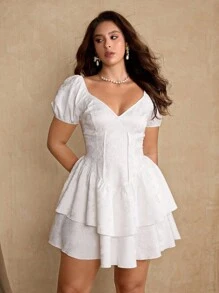 Roveilla 大码优雅彩色花卉印花荷叶边下摆连衣裙，夏季 - 杏色 - 查看 5