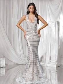 Coutiva 女士亮片拼布圆领无袖鱼尾下摆修身正式晚礼服（重饰） - 杏色 - 查看 6