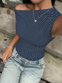 Sunnyshic Petite 白色和黑色波尔卡圆点不对称褶皱修身腰部衬衫，优雅休闲度假沙滩装，适合娇小女性夏季穿着 - 藏蓝色 - 查看 4