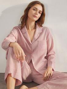 Ocili Conjunto de pijama de lino de manga larga y pantalón largo a rayas, cómodo y suave, pijamas naturales para mujer, conjunto de ropa de estar en casa para la temporada de vacaciones, ropa de otoño - Rosa - Ver 4