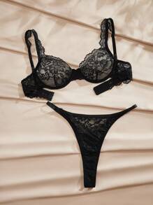 Charlaine Damen Spitzen Sexy Unterbügel-BH und Slip Set für Ausgehen, Baddie Look - Schwarz - Übersicht 6