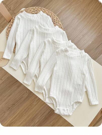 4件套休闲可爱纯色针织长袖连体衣，女宝宝毛衣连体衣，中性婴儿服装，男女通用女宝宝毛衣套装，白色婴儿连体衣，罗纹婴儿连体衣，秋冬季