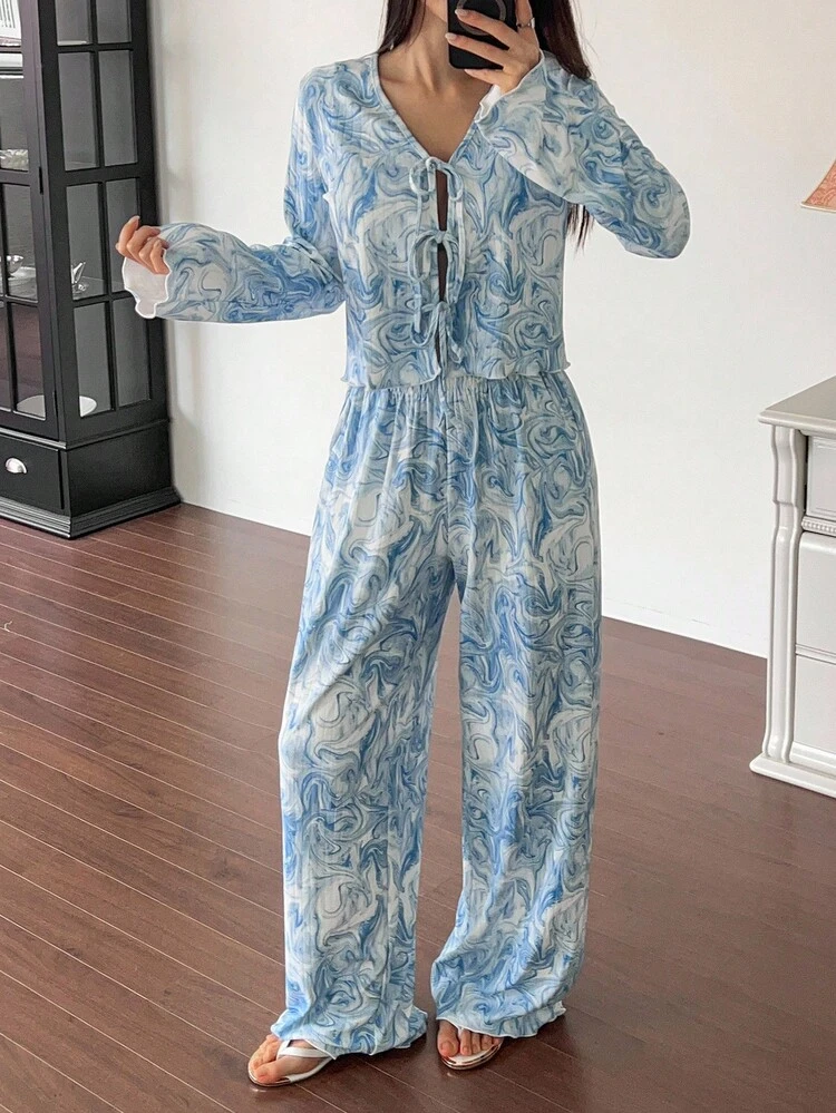 Tie-Dye Print Lettuce Trim Design Women Pajama Set, Fall Clothes