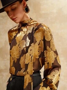 Arave Áo sơ mi nữ chất liệu vải dệt jacquard dập nổi, cổ áo thiết kế ruy băng phối màu tương phản, thời trang và thanh lịch, hai màu, chất liệu jacquard, thích hợp cho giáo viên, mùa thu, phong cách cổ điển, màu trắng, thường ngày, mùa xuân. - Nhiều màu - Xem 7