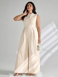SHEIN Tall CURVE 加大码超宽腿前拉链无袖连体裤 高个子曲线女式连体裤 加大码高个子女式连体裤 宽腿连体裤 高个子女式连体裤 女式喇叭腿连体裤 加大码 - 杏色 - 查看 3