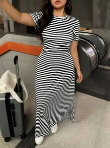 SHEIN EZwear 大码休闲条纹针织短袖长裙