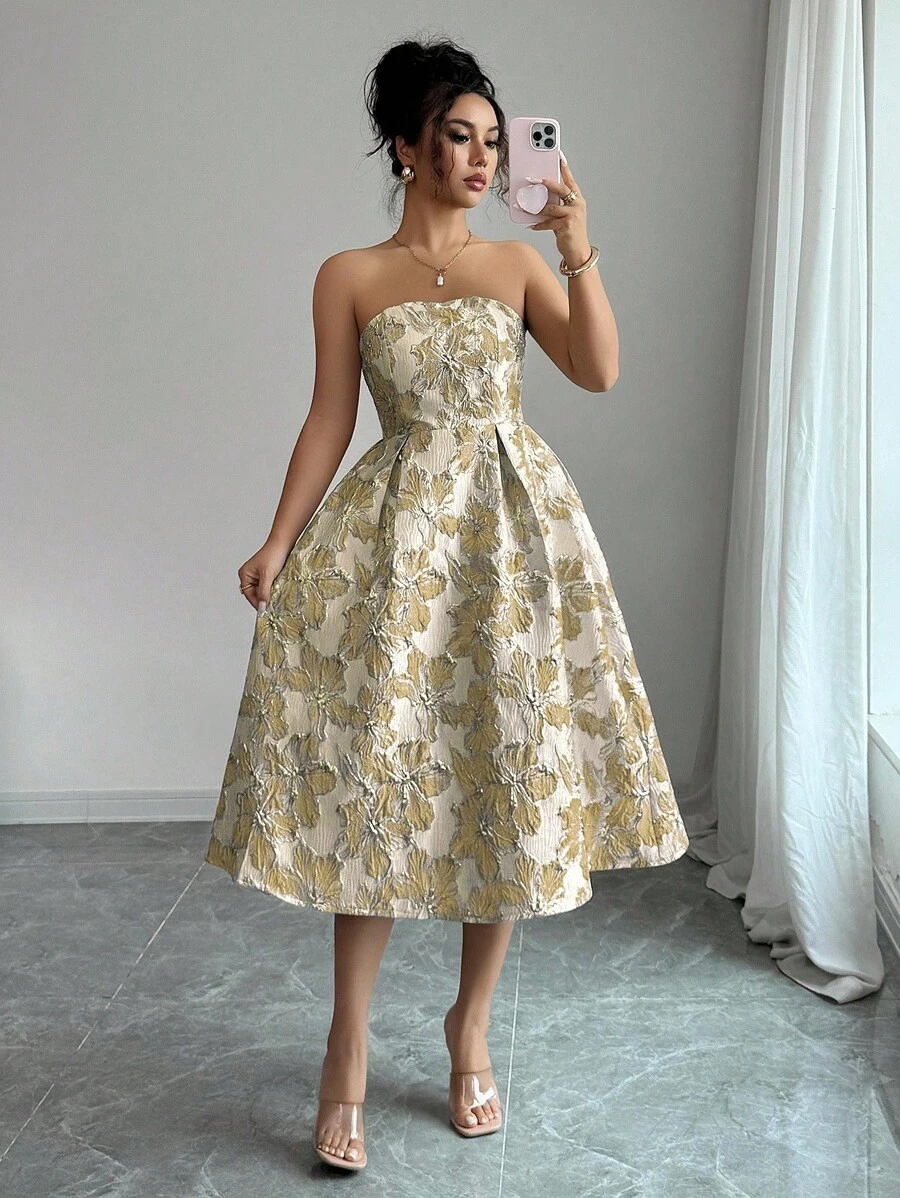 Elenzga 女士优雅提花无袖中长连衣裙，夏季 - 淡黃色 - 查看 1