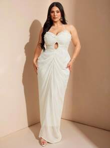 SHEIN BAE Vestido de mujer talla grande en color crema y albaricoque, con escote en V y diseño calado fruncido, para primavera/verano, otoño, Halloween, regreso a la escuela, Navidad, invierno, vestidos de verano para mujer, vestido de invitada de boda para mujer con curvas, vestidos de talla grande, atuendos de cumpleaños para mujer, atuendos de vacaciones para mujer, vestidos formales para mujer, ropa occidental para mujer, amarillo mantequilla