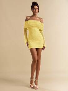 SHEIN BAE 薄荷绿钩针露肩镂空迷你裙、度假沙滩裙、精致钩针裙、早午餐裙、优雅太阳裙、春夏 - 黃色 - 查看 1