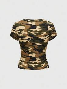 ROMWE J-Fashion Y2K Baddie Abby 国旗和英文水钻迷彩印花紧身女式 T 恤