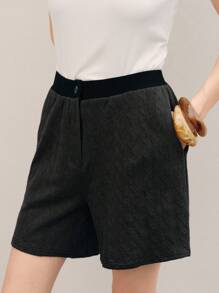 Uhlyne Simple Commuter Cable Knit Texture Cotton Pocket Casual Shorts - Black - View 5