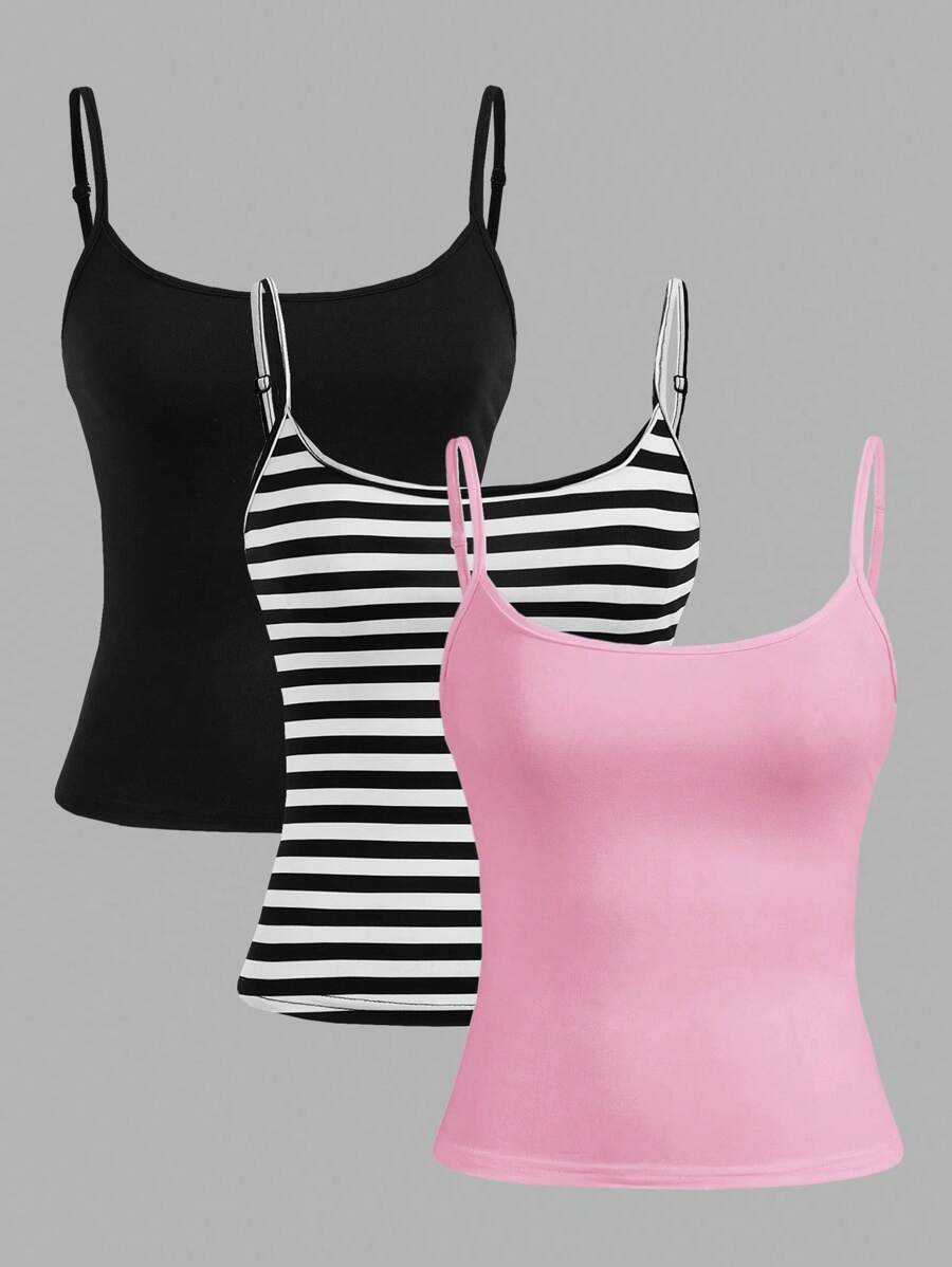 SHEIN EZwear 3 件套黑色、粉色、黑白条纹女士短款吊带背心上衣，性感紧身，适合夏季 - 彩色 - 查看 1