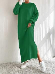 EURMUSE Women Drop Shoulder Long Sleeve Solid Color Long Knit Sweater Dress, Casual Style, Autumn/Winter - Green - View 5